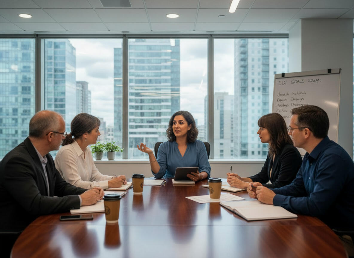 JIWES Standard Guidance Jewish inclusivity practitioner providing guidance on the JIWES standard to an EDI professional in an office meeting